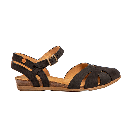 Side on view of strappy leather El Naturalista black flat women's covered sandal