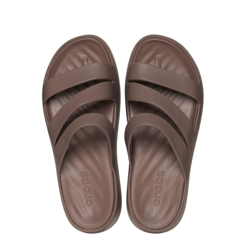 Top down view of Crocs womens strappy brown sandals