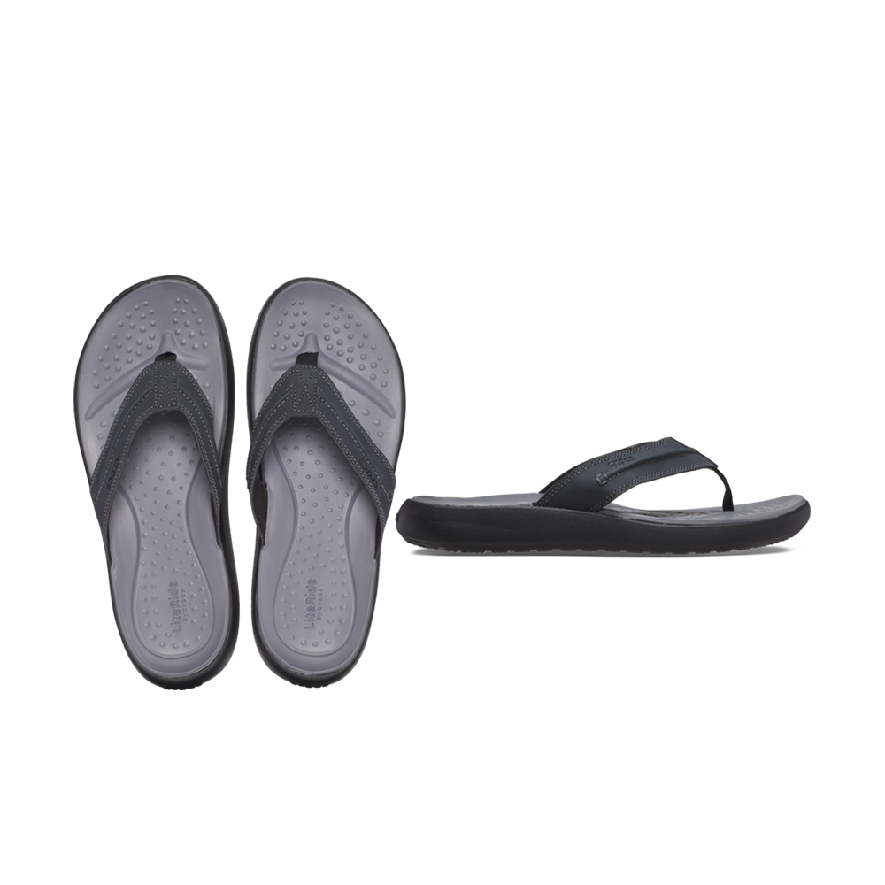 Top down view of a pair or Crocs flips and single side view of one