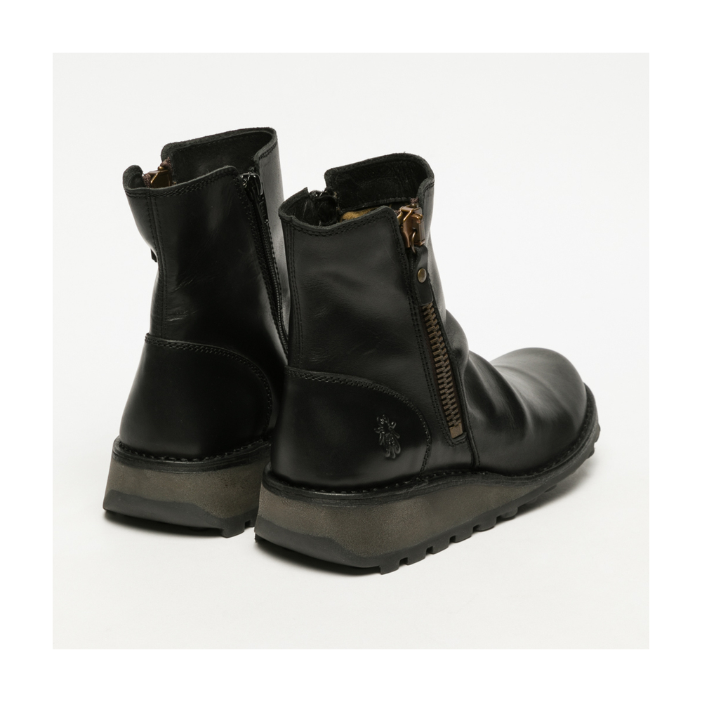 Back view of heels of pair of Fly London black ankle boots