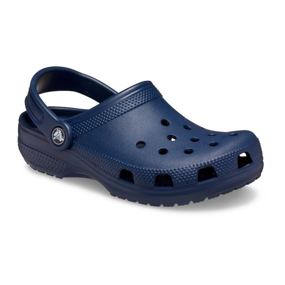 Single navy kids Crocs clogs with strap in sports mode and holes on top of shoe