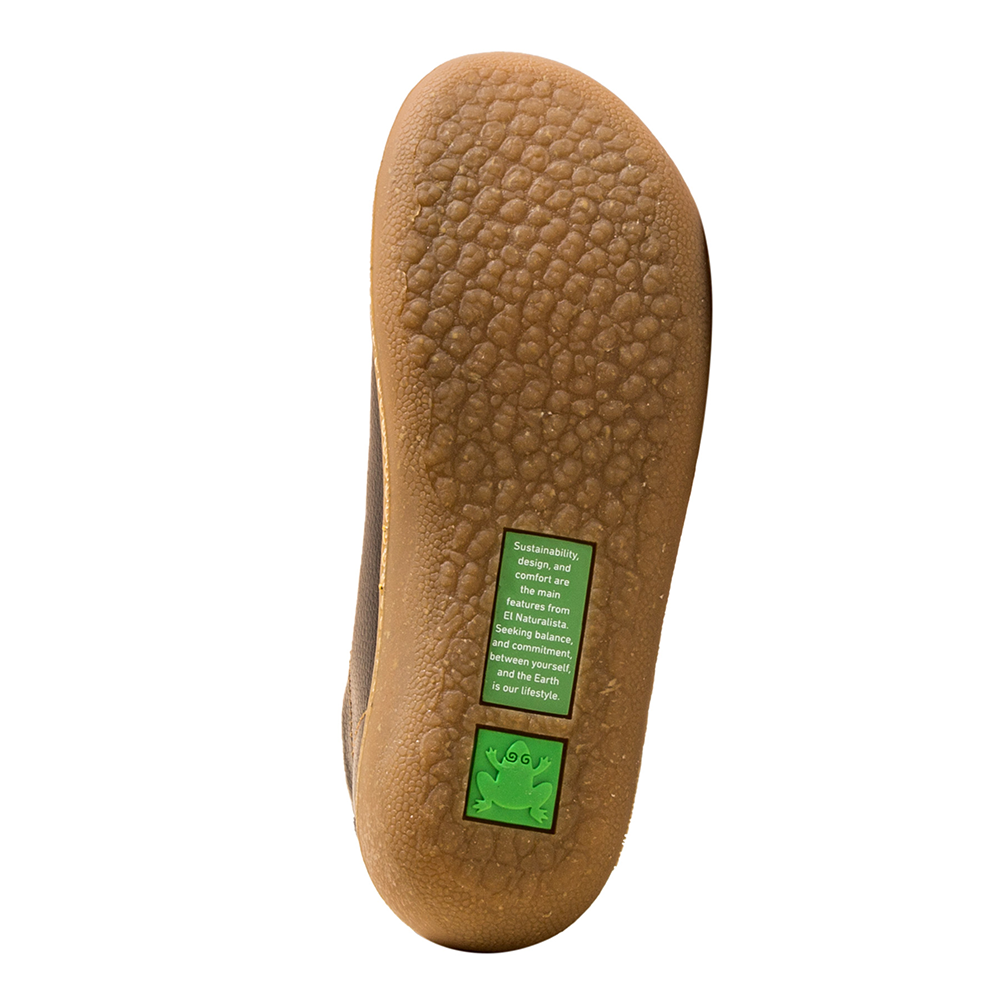 Sole of El Naturalista sneaker displaying small square green from logo and text