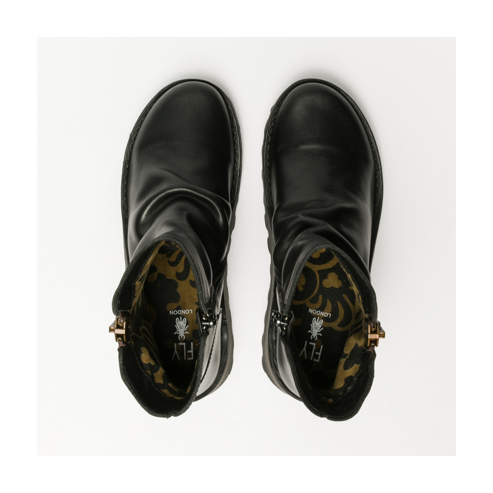 Pair of Fly London Mon black leather ankle boots view from above