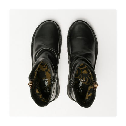 Pair of Fly London Mon black leather ankle boots view from above