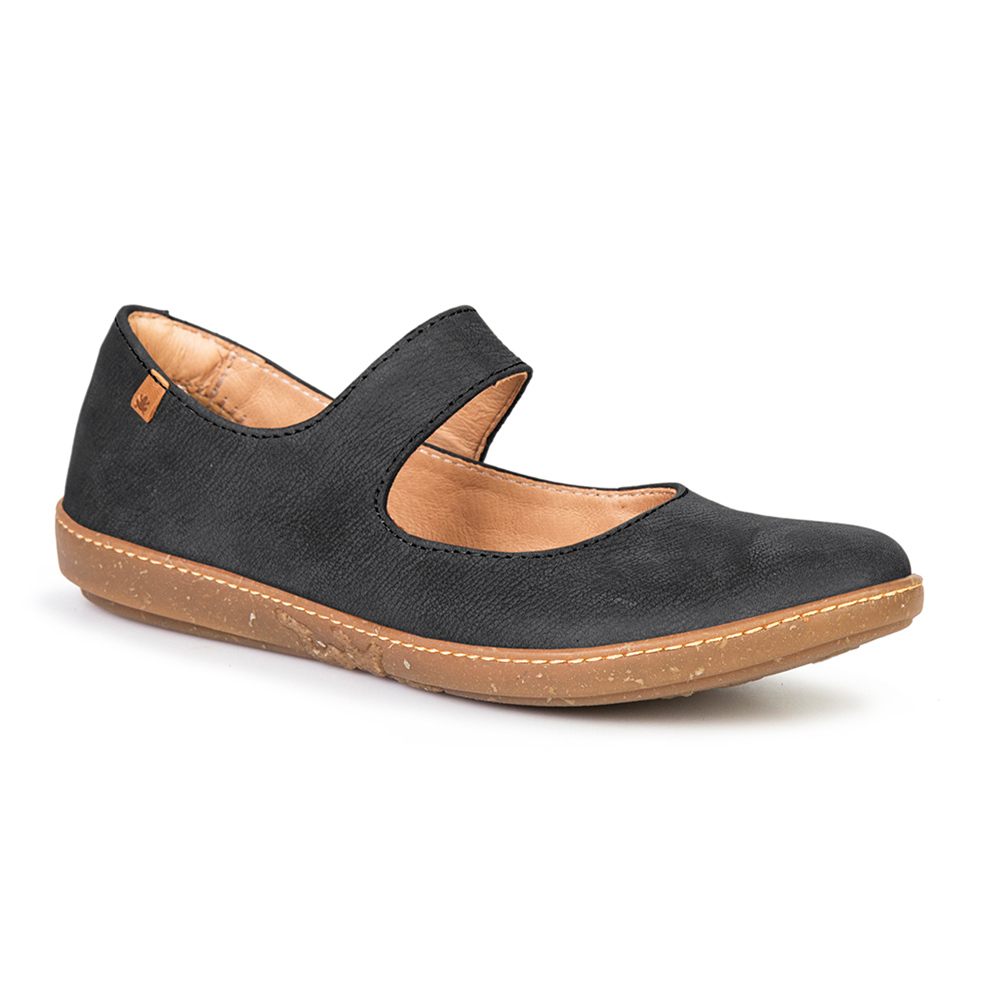 Black mary jane leather shoe with tan insole and sole