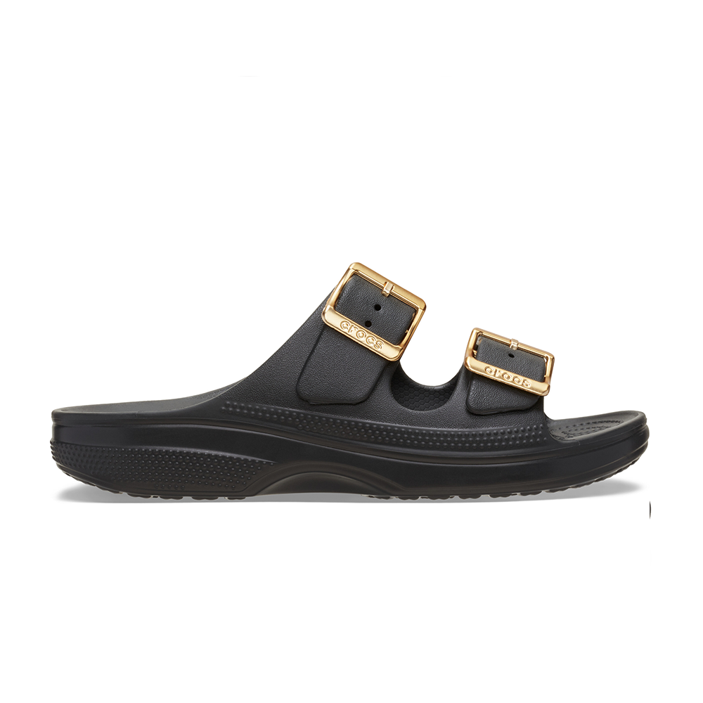 Crocs slide sandals in black with metallic buckle