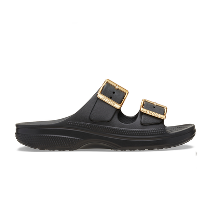Crocs slide sandals in black with metallic buckle