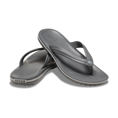 Pair of gray flip-flops from Crocs brand
