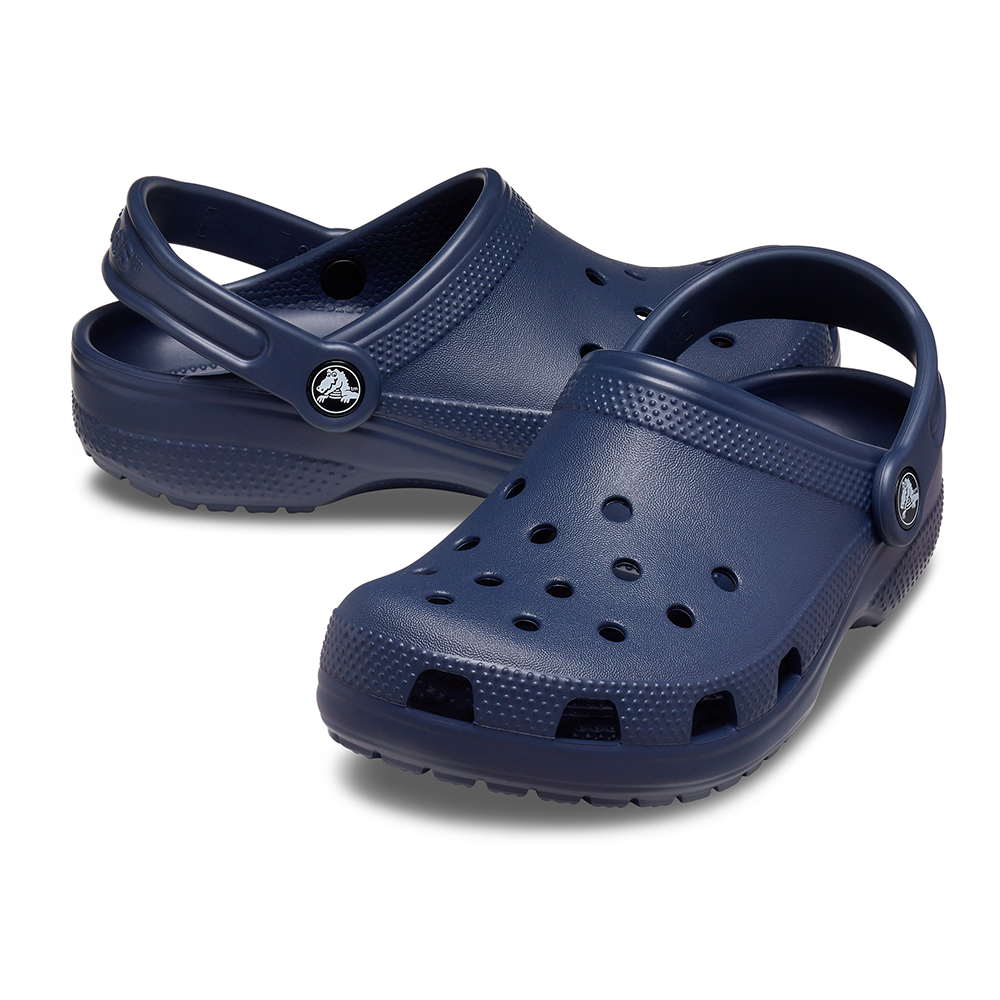 Kids navy blue Crocks clogs with strap in sports mode and holes for Jibbitz charms