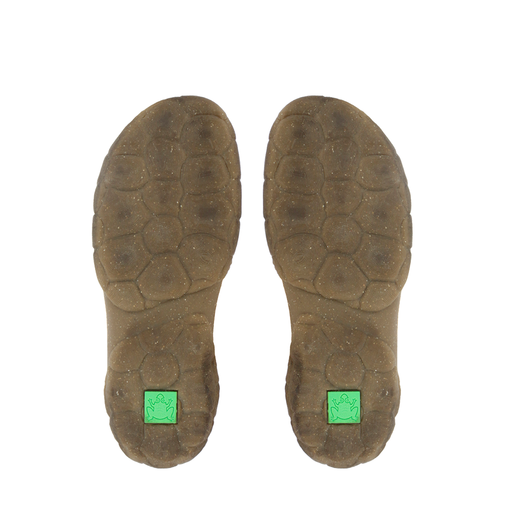 Outsole view of a pair of El Naturalista boots Turtle line with turtle shell design on bottom