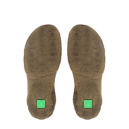 Outsole view of a pair of El Naturalista boots Turtle line with turtle shell design on bottom
