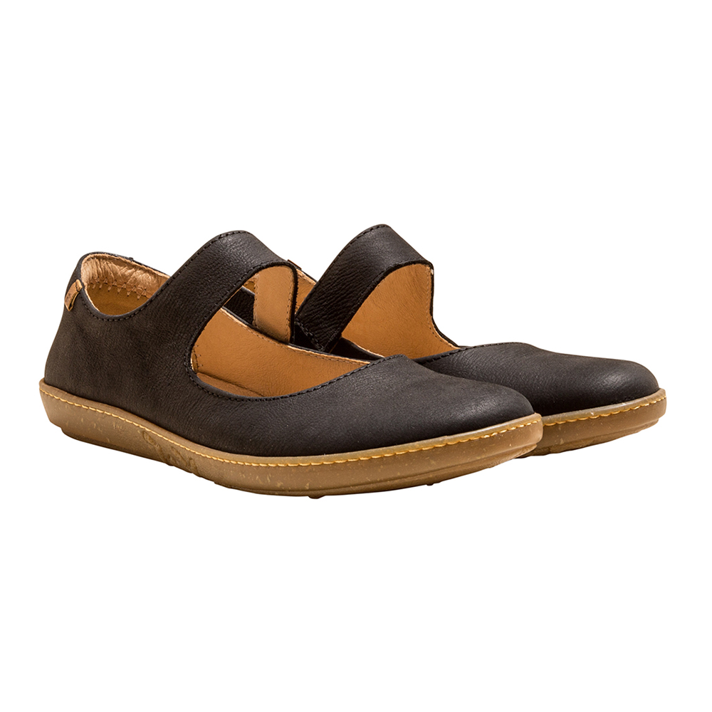 Mary jane style pair of El Naturalista in black with tan sole and decorative stitching