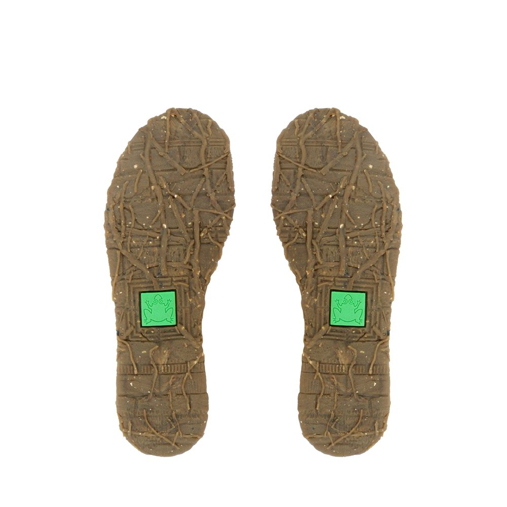 Sole view showing the El Naturalista sustainability frog logo of pair of Angkor ankle boots for women.