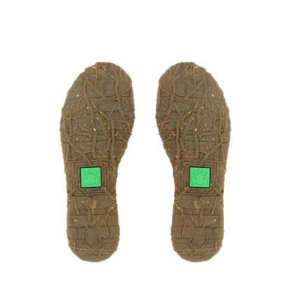 Sole view showing the El Naturalista sustainability frog logo of pair of Angkor ankle boots for women.