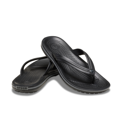 Pair of Crocs black flip-flips.