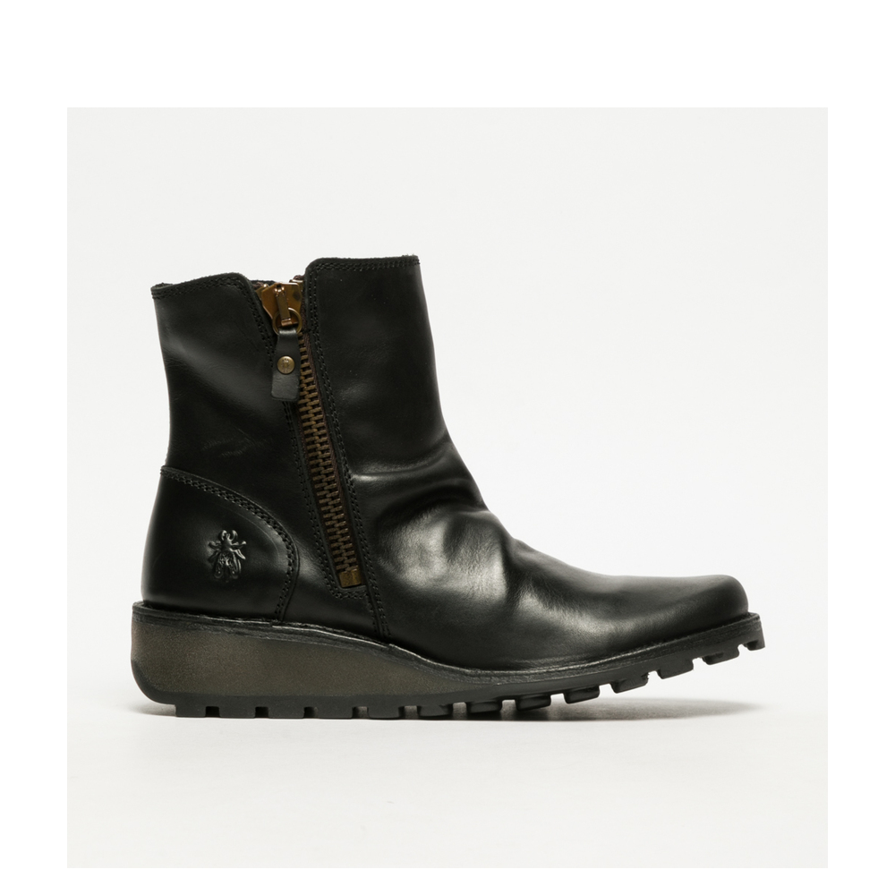 Side view of black ankle boot FLy London Mon