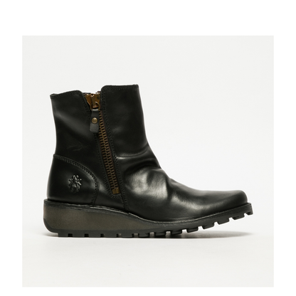 Side view of black ankle boot FLy London Mon