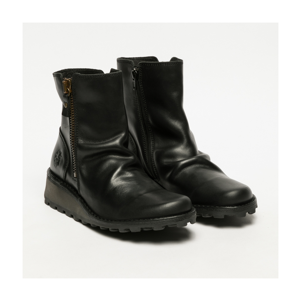 Pair of Fly London Mon black leather ankle boots with side zipper and wedge heel