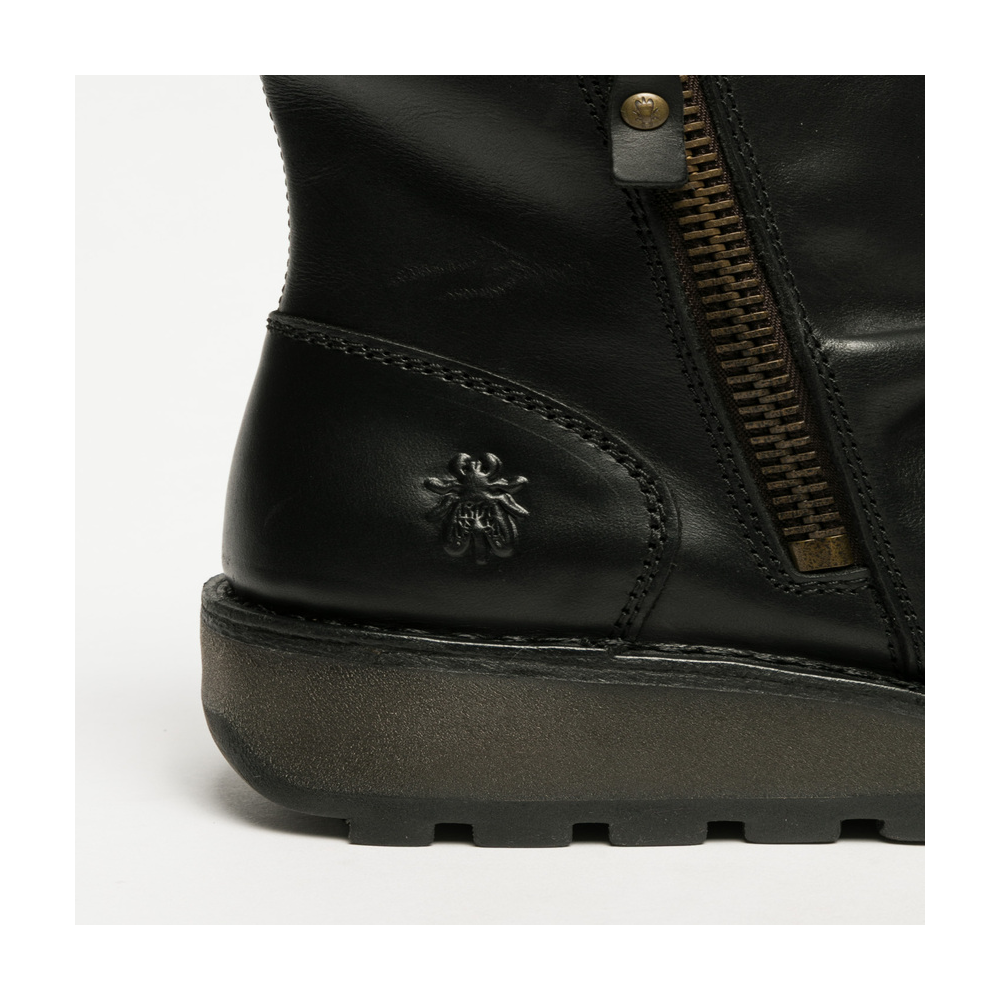 Fly London logo detail on black boot