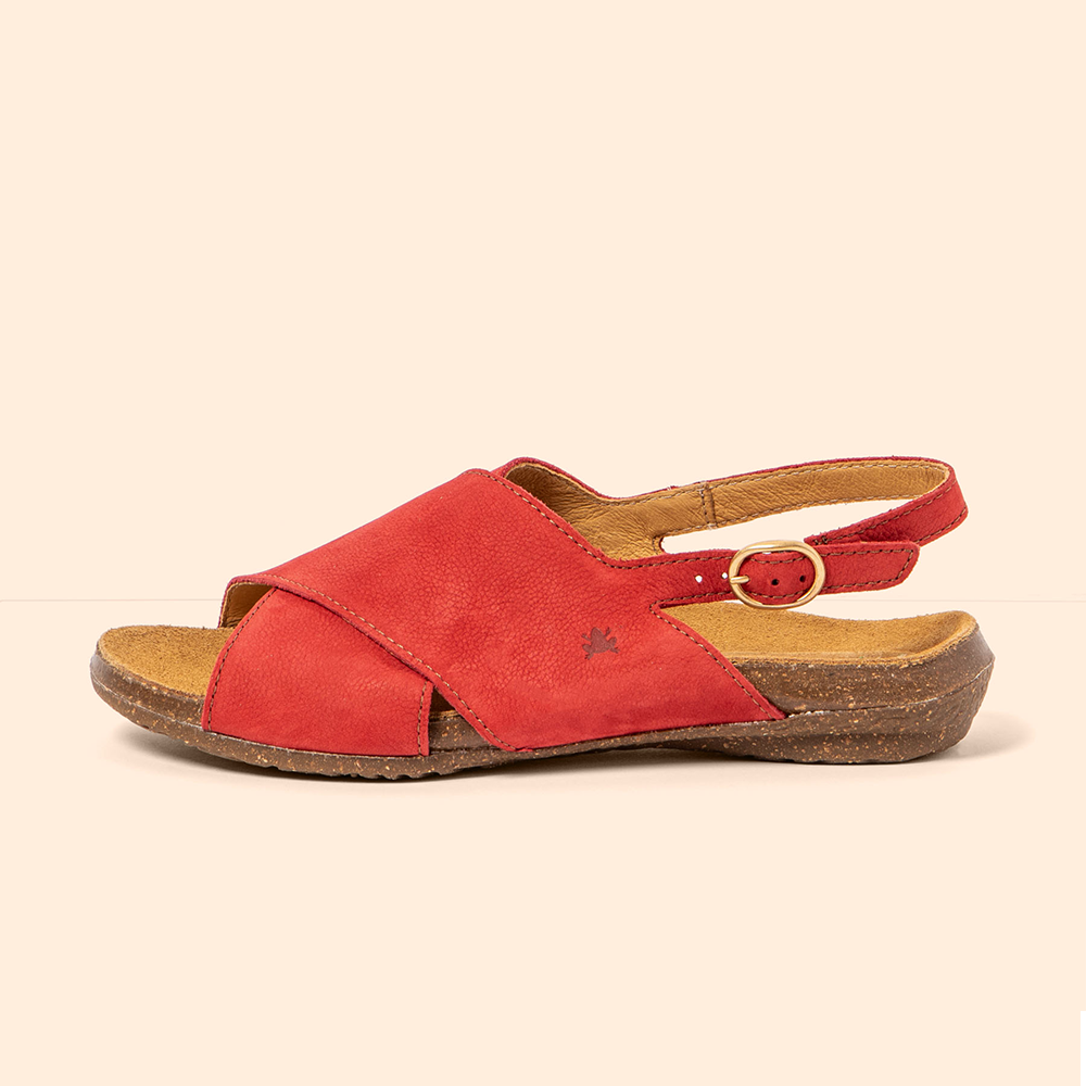 Side view of red summer El Nat leather sandal