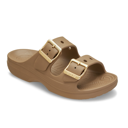 A single brown double-strap slide sandal with gold-tone buckle details, shown from a three-quarters angle on a white background.
