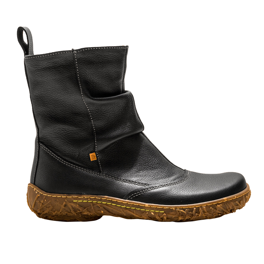 Black ankle boot with rubber sole on a white background