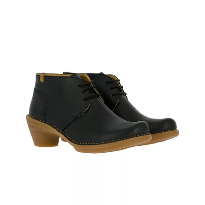 Black heeled vegan lace-up shoes from El Naturalista. Tan sole with block heel. Suitable for office wear