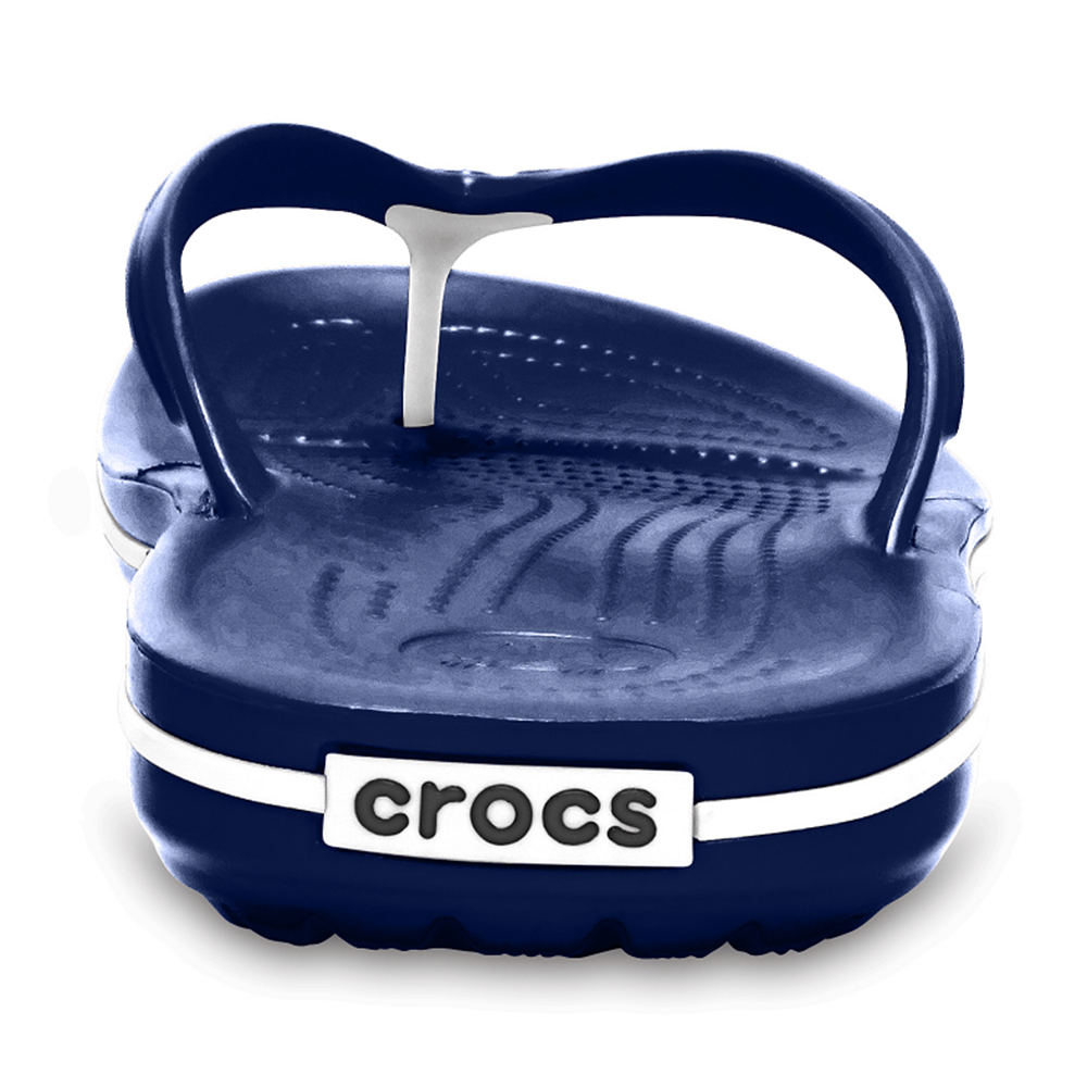 Heel of Crocs Crocband navy flip showing Crocs branding