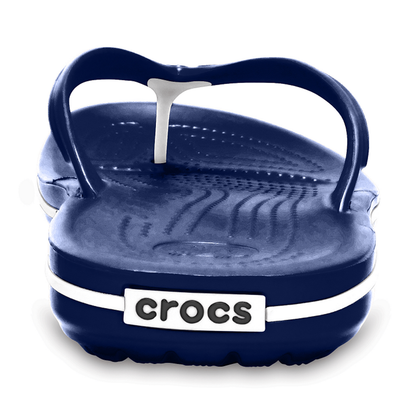 Heel of Crocs Crocband navy flip showing Crocs branding