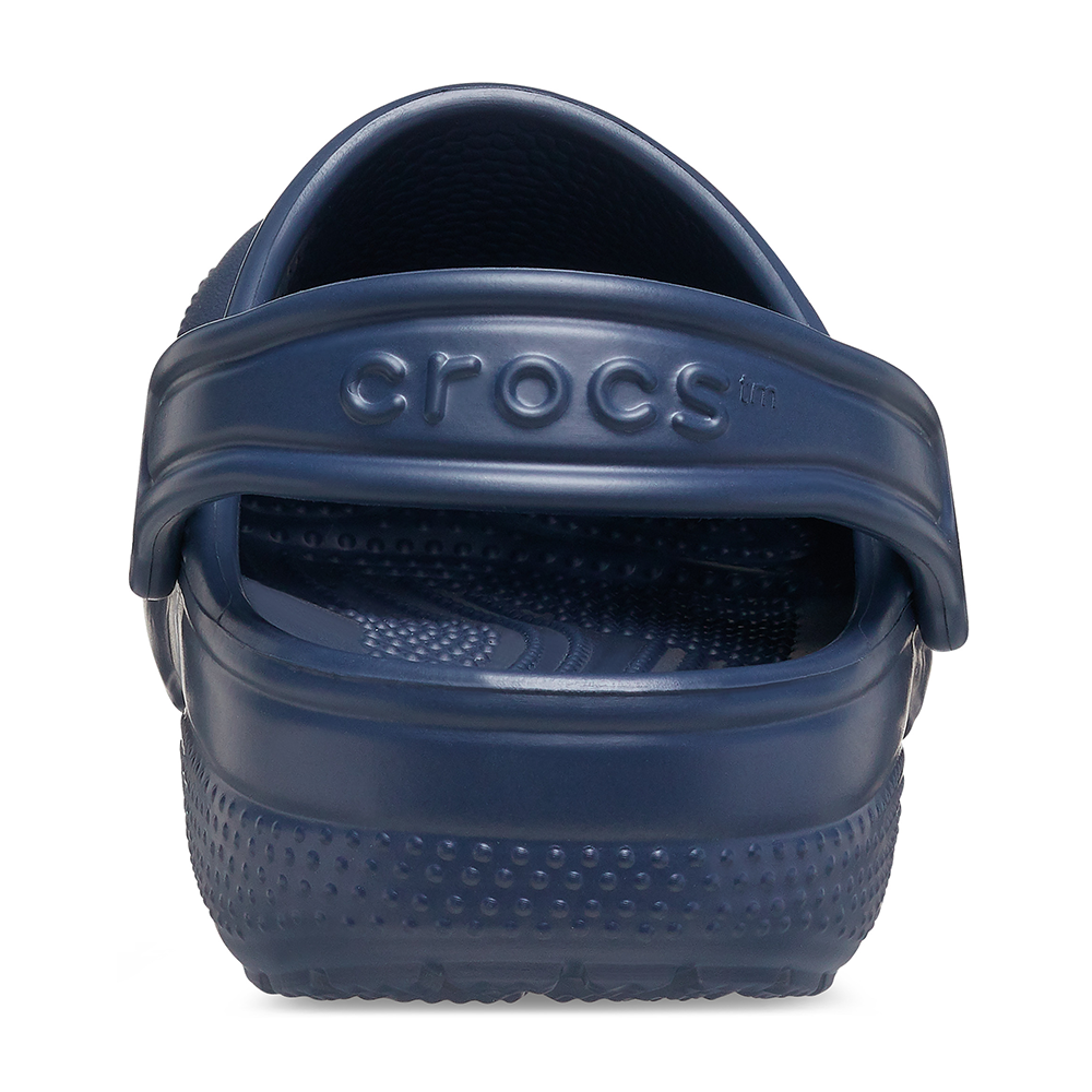 Crocs kids navy clog, strap at the back in sports mode.