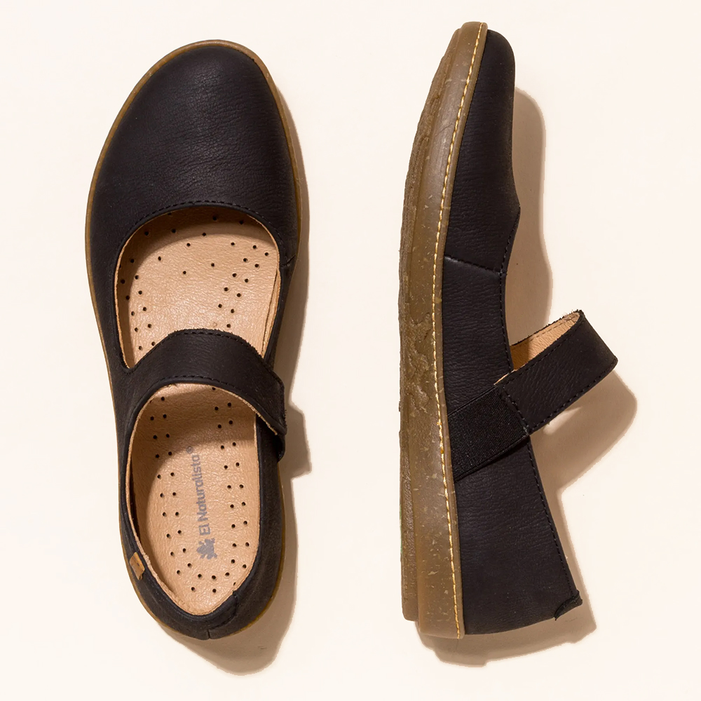 Pair black mary jane  shoes showing insole and El Naturalistabranding