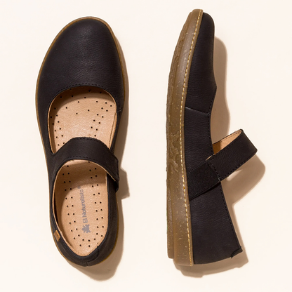 Pair black mary jane  shoes showing insole and El Naturalistabranding