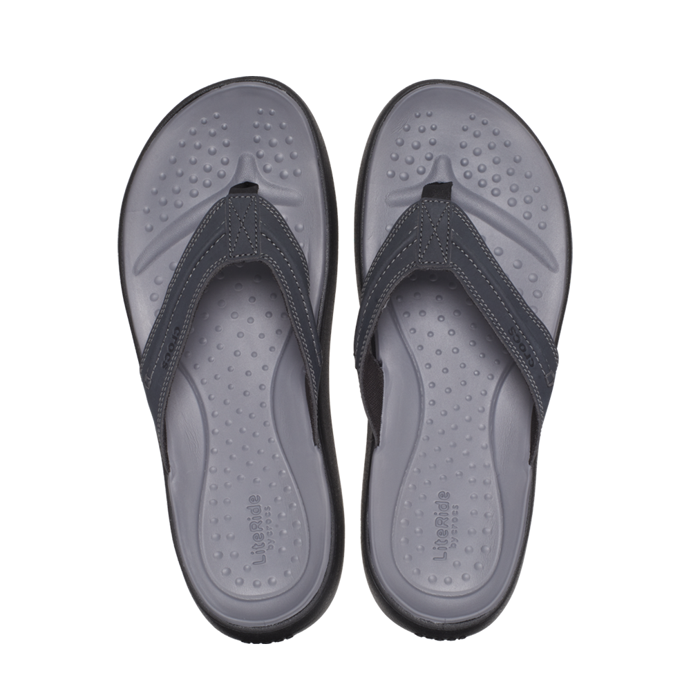 Top down view of a pair of grey black Crocs Yukon thongs