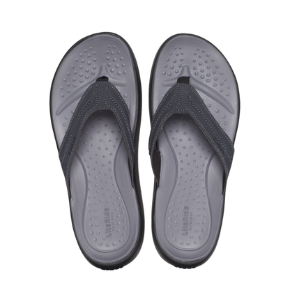 Top down view of a pair of grey black Crocs Yukon thongs